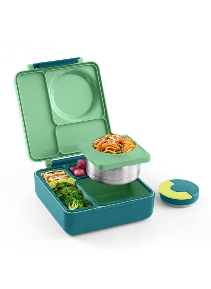 Omie Insulated Bento Lunch Box with Utensils Set - Insulated Stainless Steel Lunch Box with Leak Proof Thermos Food Jar - Two Temperature Zones for Hot & Cold Food, 1390ml - Meadow + Mint Green