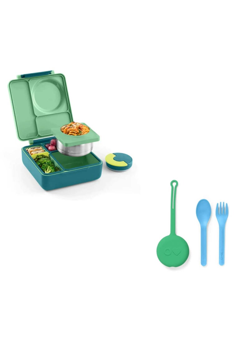 Omie Insulated Bento Lunch Box with Utensils Set - Insulated Stainless Steel Lunch Box with Leak Proof Thermos Food Jar - Two Temperature Zones for Hot & Cold Food, 1390ml - Meadow + Mint Green