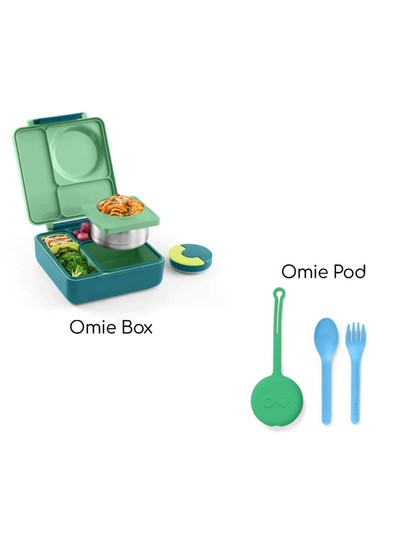 Omie Insulated Bento Lunch Box with Utensils Set - Insulated Stainless Steel Lunch Box with Leak Proof Thermos Food Jar - Two Temperature Zones for Hot & Cold Food, 1390ml - Meadow + Mint Green