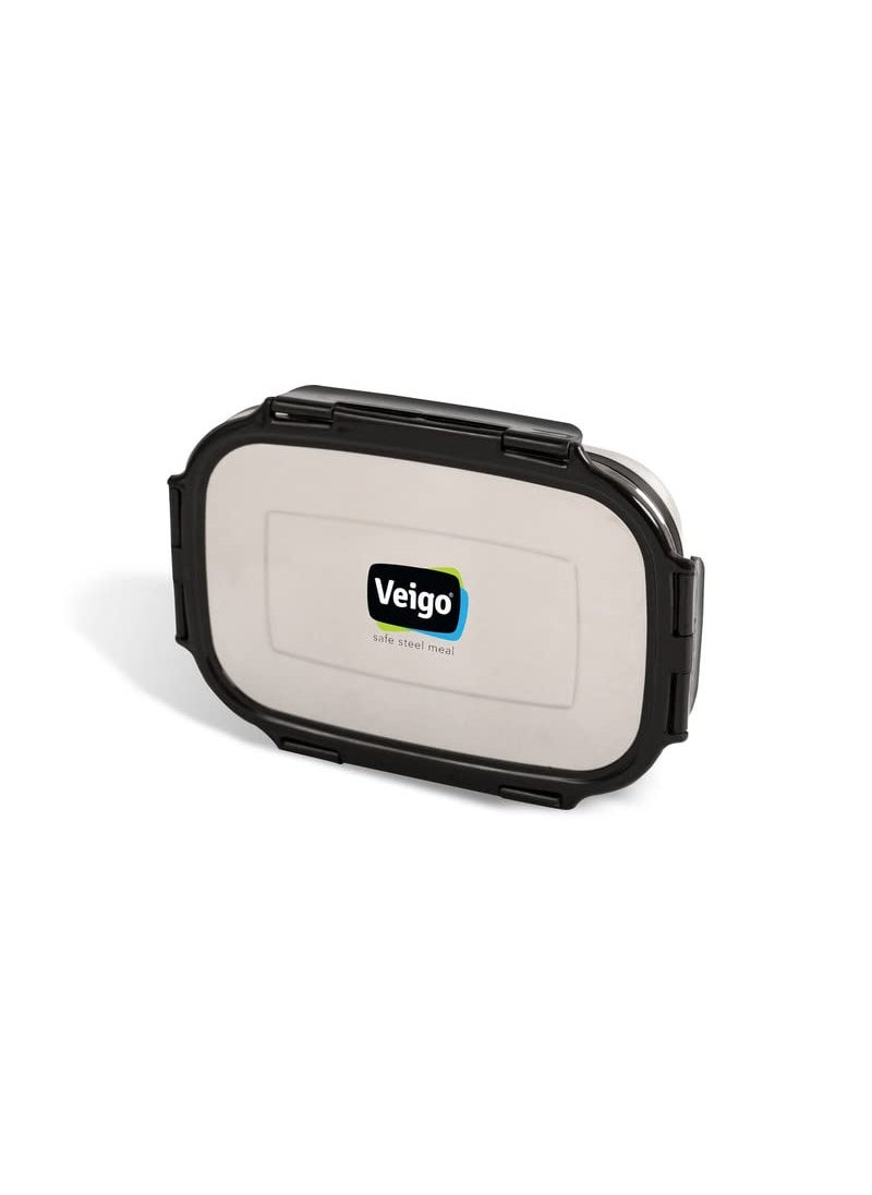 Veigo Steel Lunch Boxes for Office Men, Tiffin Box for Office Men, Lunch Box for Kids, Jumbo 950 ml, 180 ml Veg Box | Detachable Clips | Leakproof & Airtight | Durable Stainless Steel Lid | Black