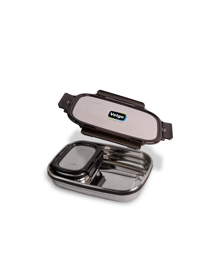 Veigo Steel Lunch Boxes for Office Men, Tiffin Box for Office Men, Lunch Box for Kids, Jumbo 950 ml, 180 ml Veg Box | Detachable Clips | Leakproof & Airtight | Durable Stainless Steel Lid | Black