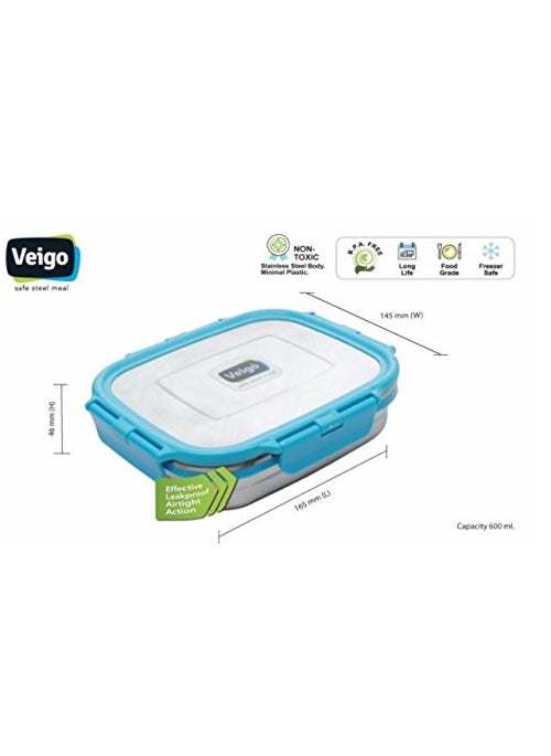Veigo Lock N Steel 100% Air Tight 2 Pcs Container, Sky Blue - 600 Ml