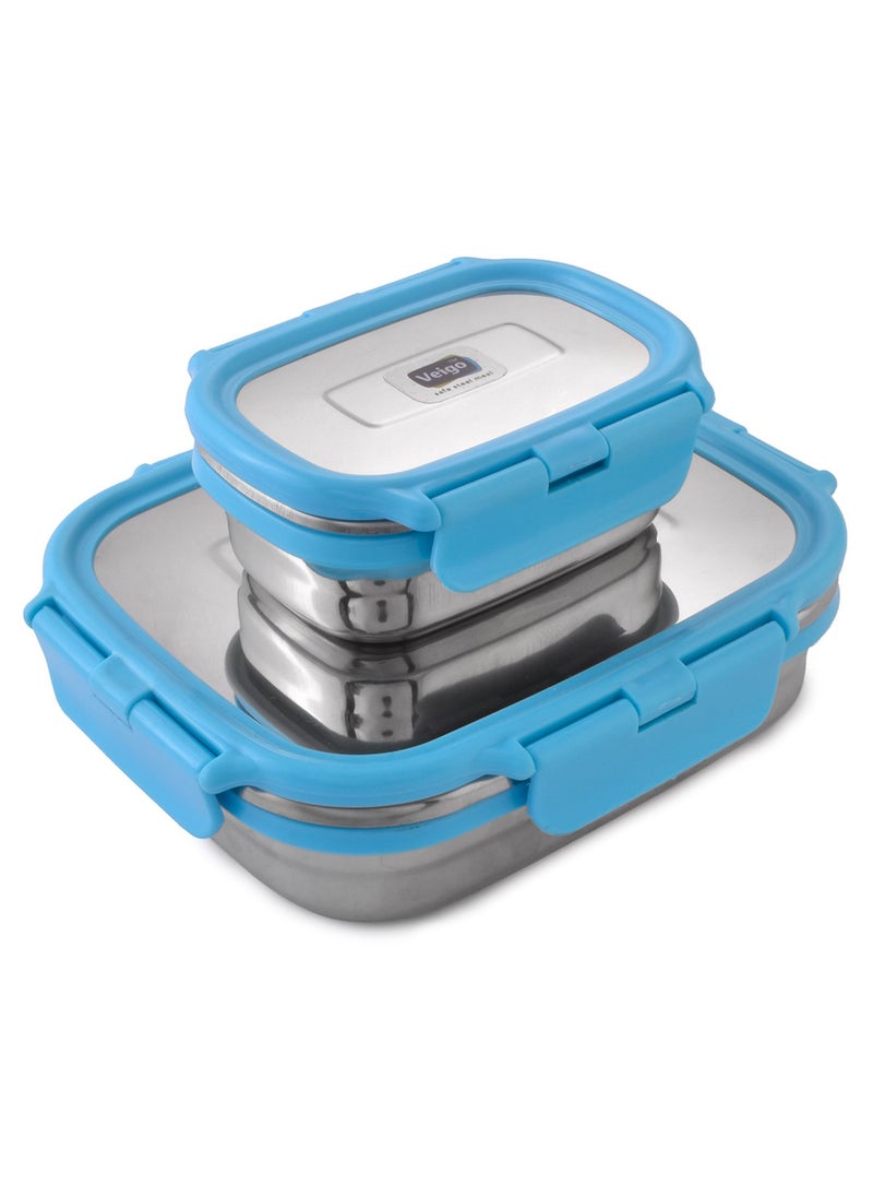 Veigo Lock N Steel 100% Air Tight 2 Pcs Container, Sky Blue - 600 Ml