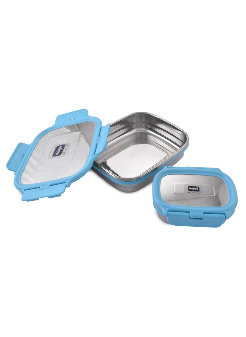 Veigo Lock N Steel 100% Air Tight 2 Pcs Container, Sky Blue - 600 Ml