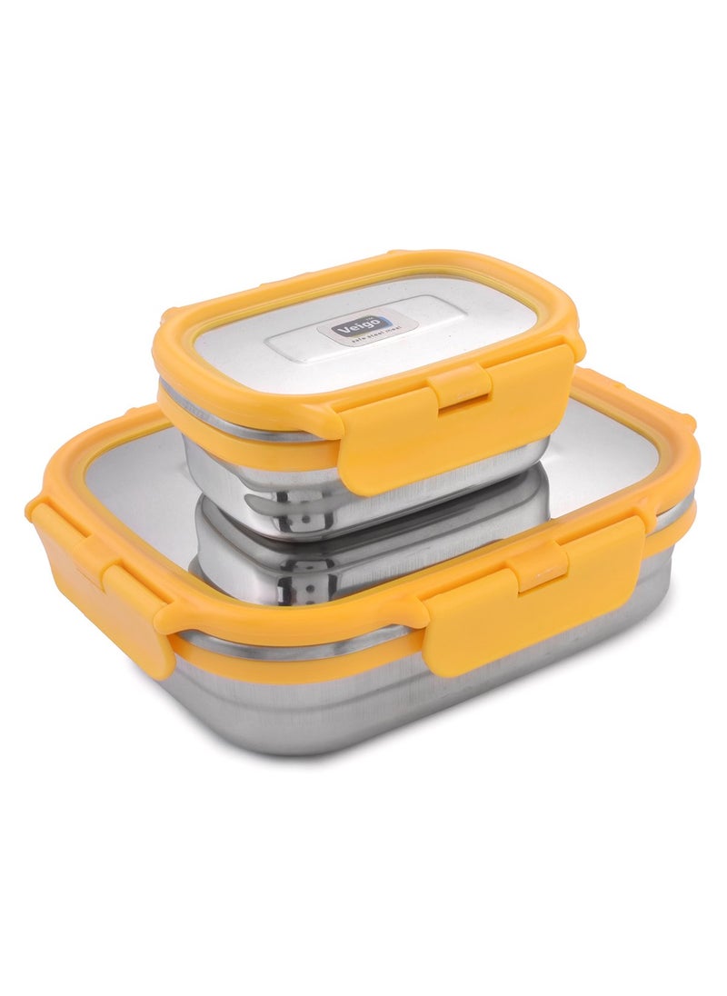 Veigo Large Stainless Steel School Tiffin with Veg Box (630 Ml +180 Ml) | Durable Detachable Clips | Leakproof & Airtight | Safe Steel Lids| Yellow