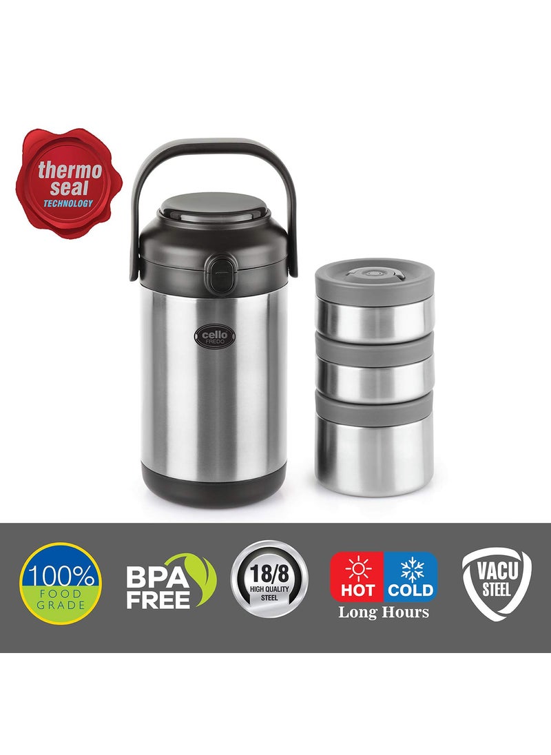 CELLO Fredo Stainless Steel Double Walled Lunch Box with 3 Containers | Insulated Lunch Box |Leak Proof | Food Grade | Easy to Carry | Ideal for Offices, Travel