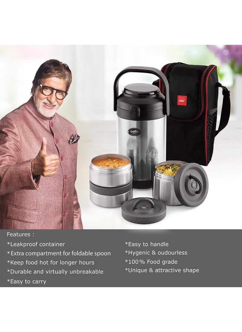 CELLO Fredo Stainless Steel Double Walled Lunch Box with 3 Containers | Insulated Lunch Box |Leak Proof | Food Grade | Easy to Carry | Ideal for Offices, Travel