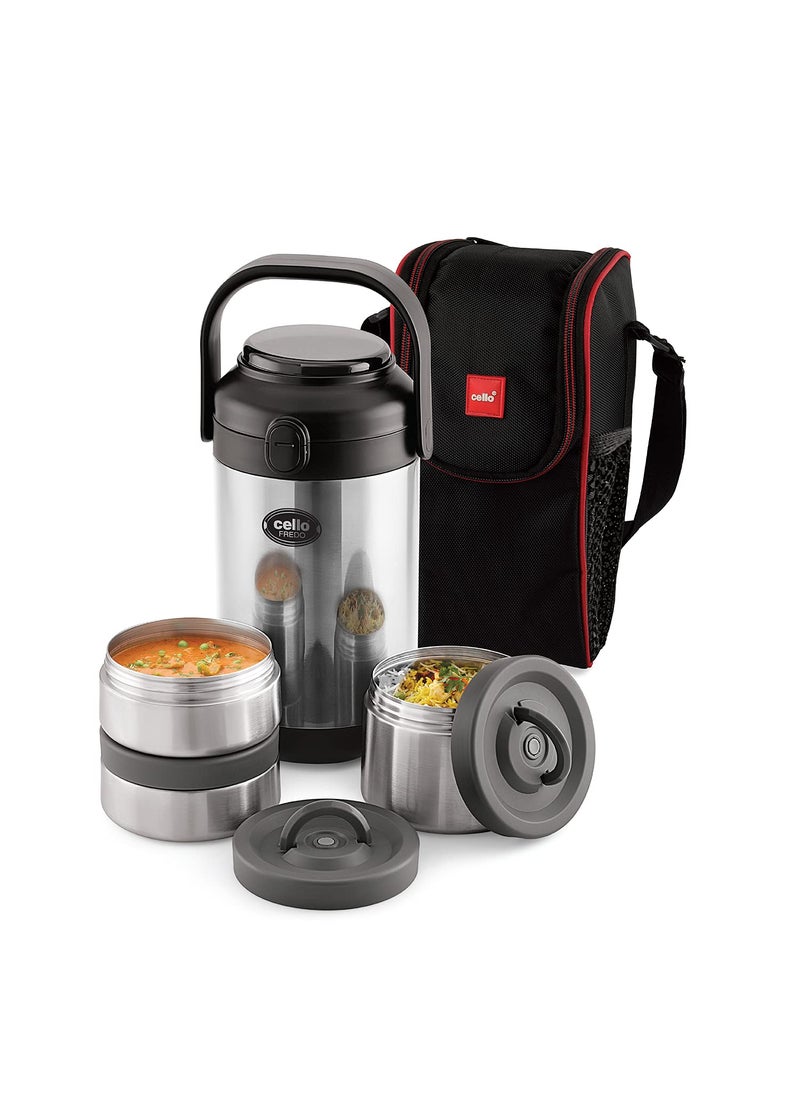 CELLO Fredo Stainless Steel Double Walled Lunch Box with 3 Containers | Insulated Lunch Box |Leak Proof | Food Grade | Easy to Carry | Ideal for Offices, Travel