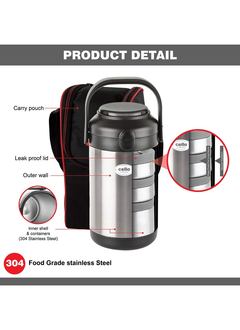 CELLO Fredo Stainless Steel Double Walled Lunch Box with 3 Containers | Insulated Lunch Box |Leak Proof | Food Grade | Easy to Carry | Ideal for Offices, Travel
