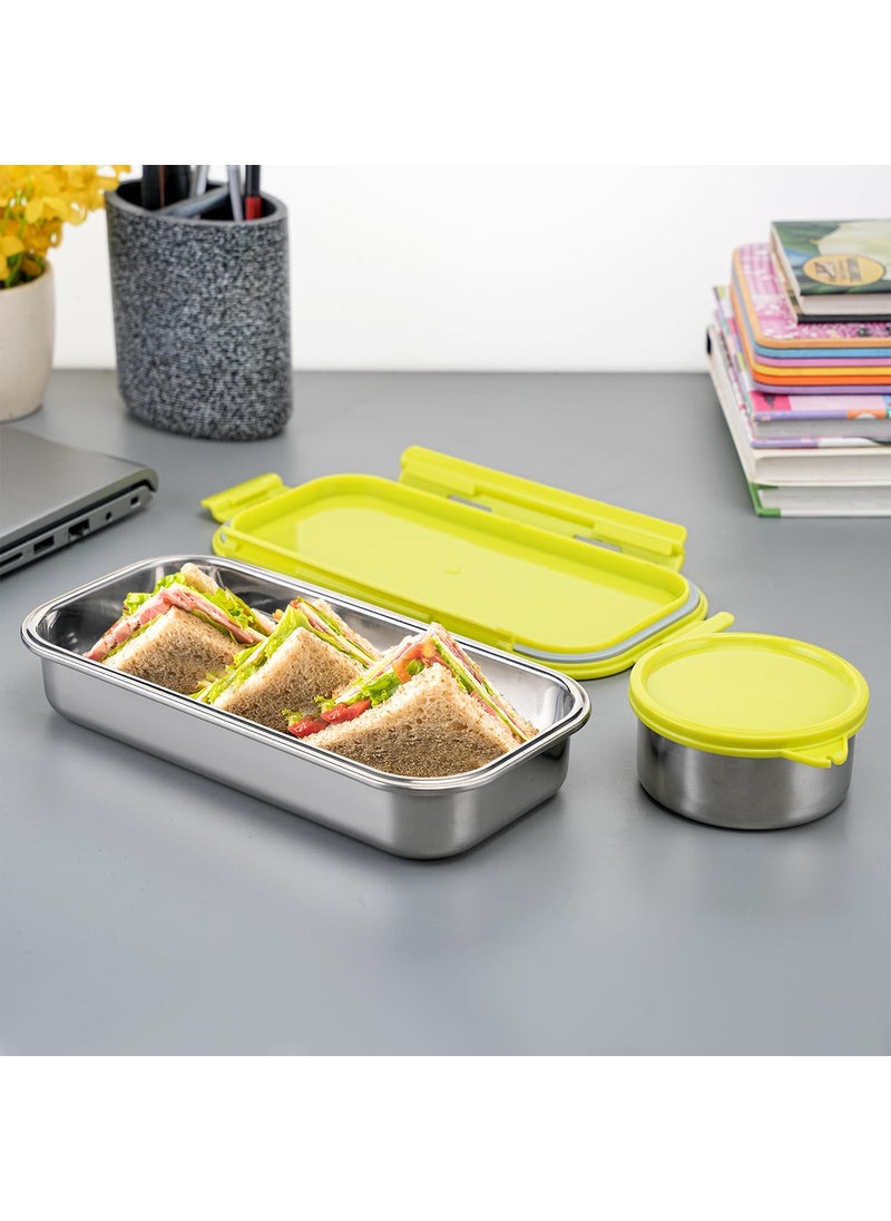 Nayasa Eco Roti Stainless Steel Lunch Box with 1 Container | Leak Proof Tiffin Box with Side Clip Lock | 580 ml | Green