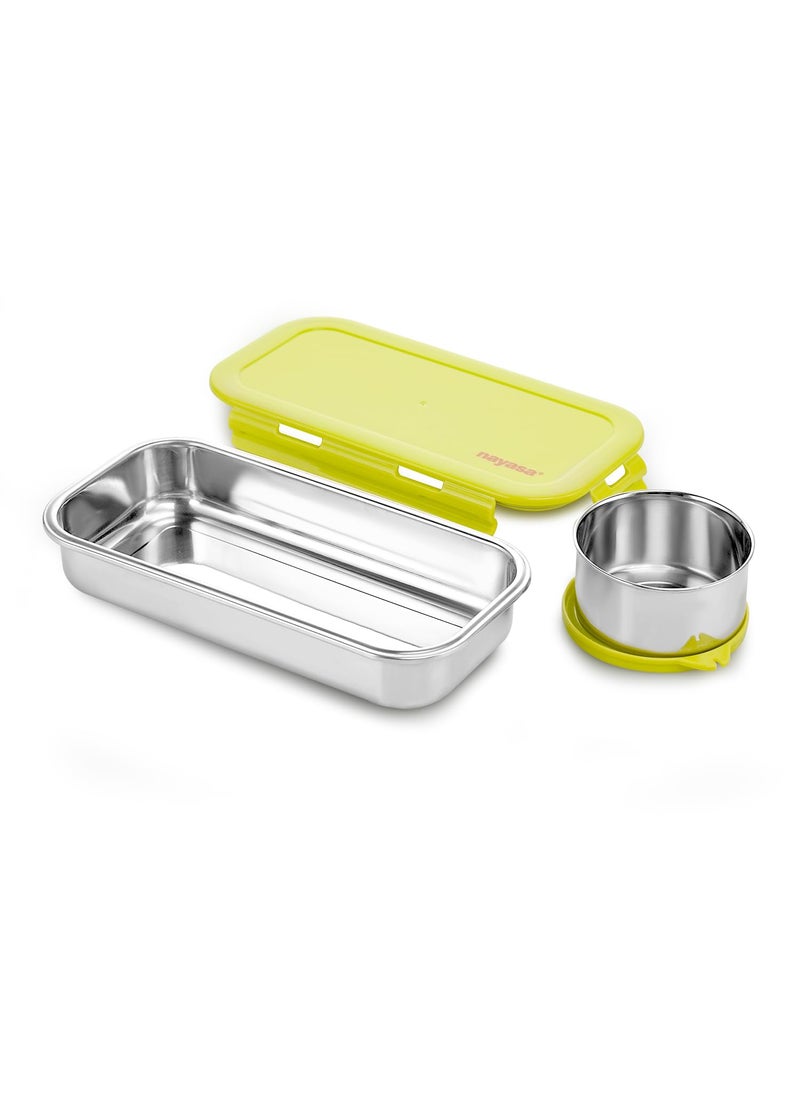 Nayasa Eco Roti Stainless Steel Lunch Box with 1 Container | Leak Proof Tiffin Box with Side Clip Lock | 580 ml | Green