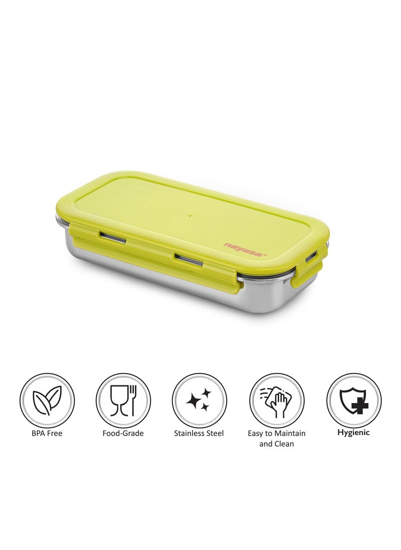 Nayasa Eco Roti Stainless Steel Lunch Box with 1 Container | Leak Proof Tiffin Box with Side Clip Lock | 580 ml | Green