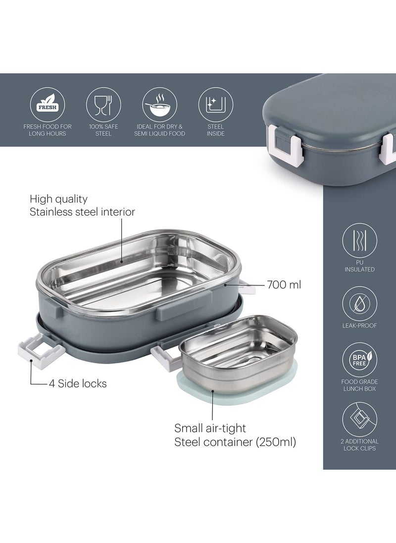 CELLO Altro Neo Lunch Box, Neo Grey 700ml, 2 Container Lunch Box for Kids | Steel Insulated Lunch Box with Veg Box | Leak-Proof Air Tight Container Tiffin Box for Kids | Ideal for School & Picnic