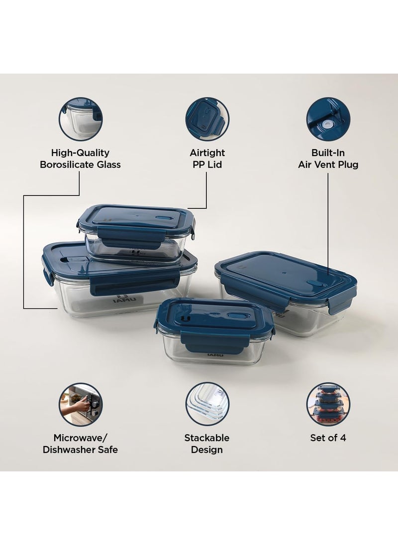 UMAI Borosilicate Glass Containers with Lid - Glass Lunch Box with Air Vent Lid, Kitchen Containers Set - Microwave & Freezer Safe, Leak Proof, Stackable Design, Set of 4 (Rectangular)