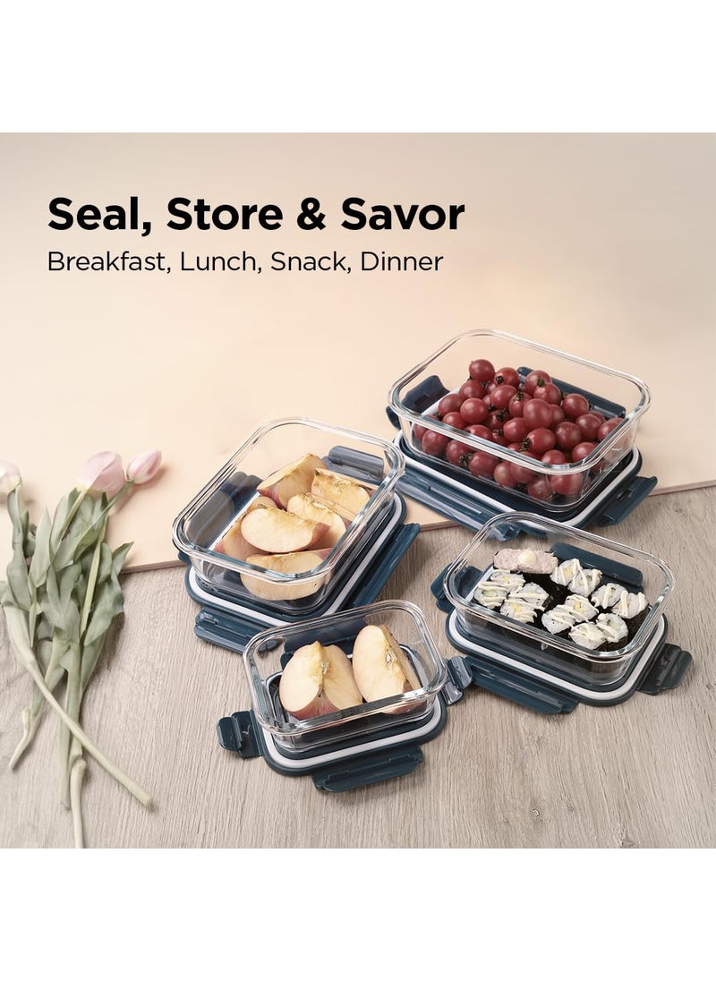 UMAI Borosilicate Glass Containers with Lid - Glass Lunch Box with Air Vent Lid, Kitchen Containers Set - Microwave & Freezer Safe, Leak Proof, Stackable Design, Set of 4 (Rectangular)