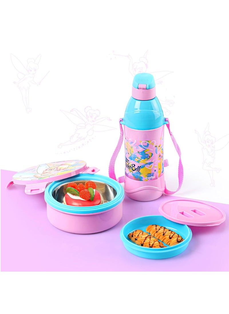 CELLO Tiffy Tinker Bell Gift Set Insulated Lunch Box & Water Bottle for Kids | Tiffin Box 460 ml, Water Bottle 400 ml, Pink & Blue | Leak Proof | Easy to Clean | Ideal for School, Picnic