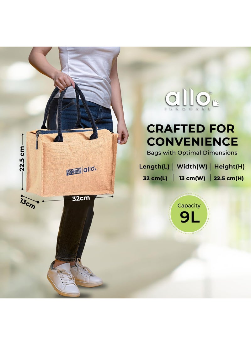 Allo Insulated Jute Lunch Bag For Lunch Box For Men, Women & Kids, Water Resistant, Tiffin Bag For Office, Reusable Multipurpose Hand Bag For Shopping, Grocery With Triple Padding, 9 Litres