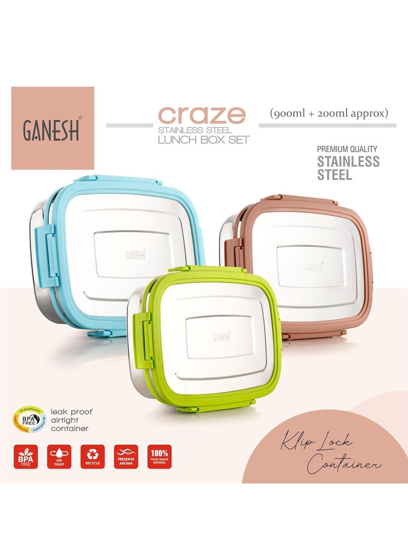 GANESH Craze Stainless Steel Tiffin Lunch Box Container/Dabba with 4 Side Clip Lock Lid for Office & School Use/Food Grade/Air Tight/Easy to Carry/Leak Proof(900ml 1pc + 200ml 1 Pc) Blue
