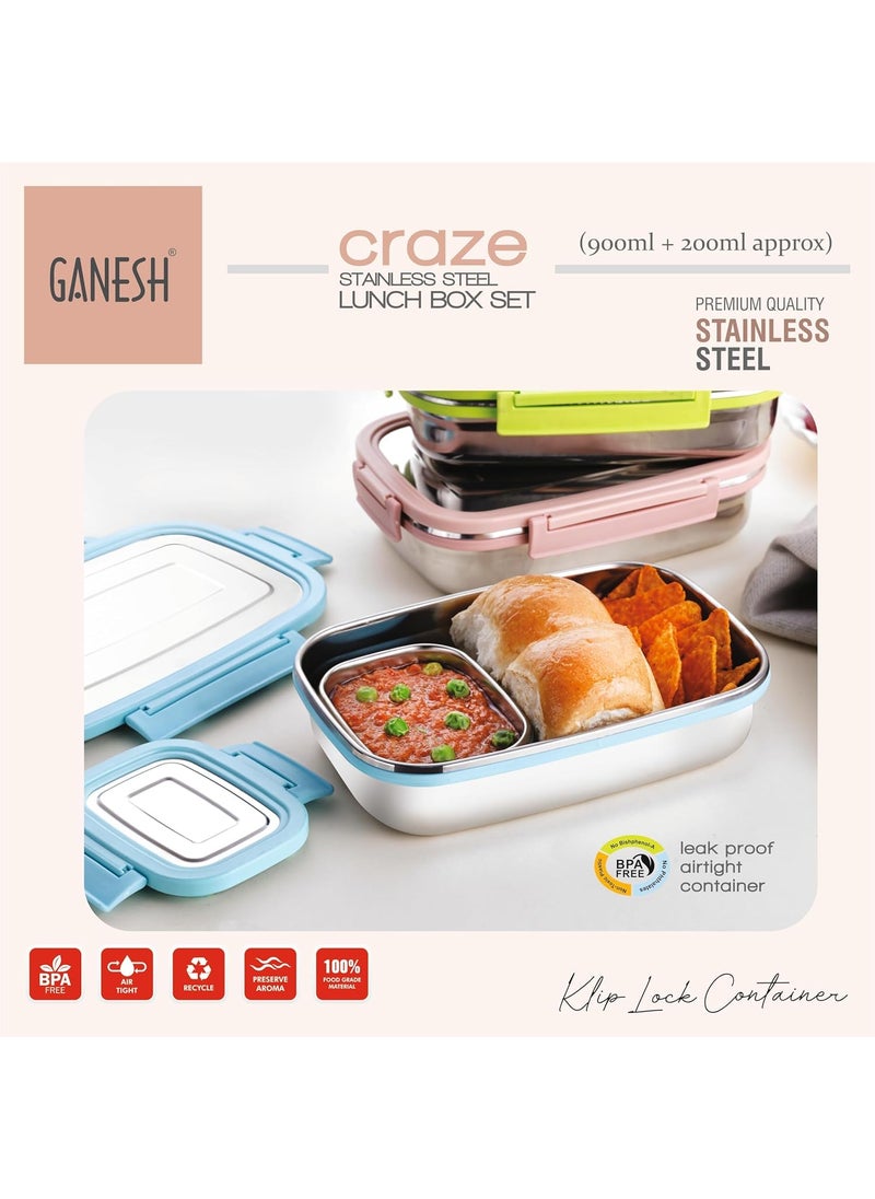GANESH Craze Stainless Steel Tiffin Lunch Box Container/Dabba with 4 Side Clip Lock Lid for Office & School Use/Food Grade/Air Tight/Easy to Carry/Leak Proof(900ml 1pc + 200ml 1 Pc) Blue