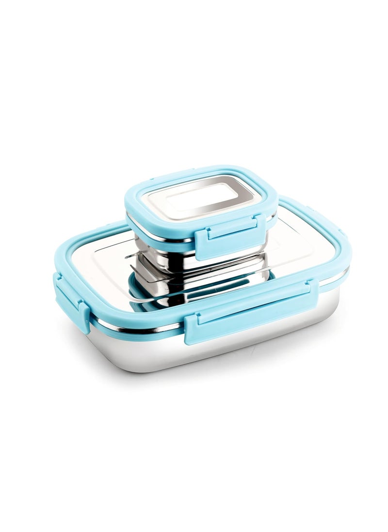 GANESH Craze Stainless Steel Tiffin Lunch Box Container/Dabba with 4 Side Clip Lock Lid for Office & School Use/Food Grade/Air Tight/Easy to Carry/Leak Proof(900ml 1pc + 200ml 1 Pc) Blue