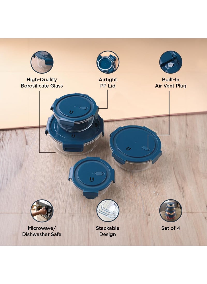 UMAI Borosilicate Glass Containers with Lid - Glass Lunch Box with Air Vent Lid,Airtight Kitchen Containers Set-Microwave Safe, Leak Proof,Set of 4-420ml,660ml,950ml,1300ml (Round)