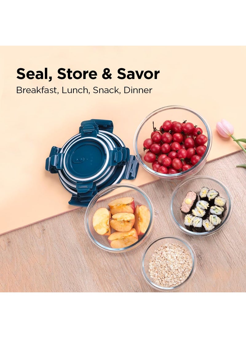 UMAI Borosilicate Glass Containers with Lid - Glass Lunch Box with Air Vent Lid,Airtight Kitchen Containers Set-Microwave Safe, Leak Proof,Set of 4-420ml,660ml,950ml,1300ml (Round)