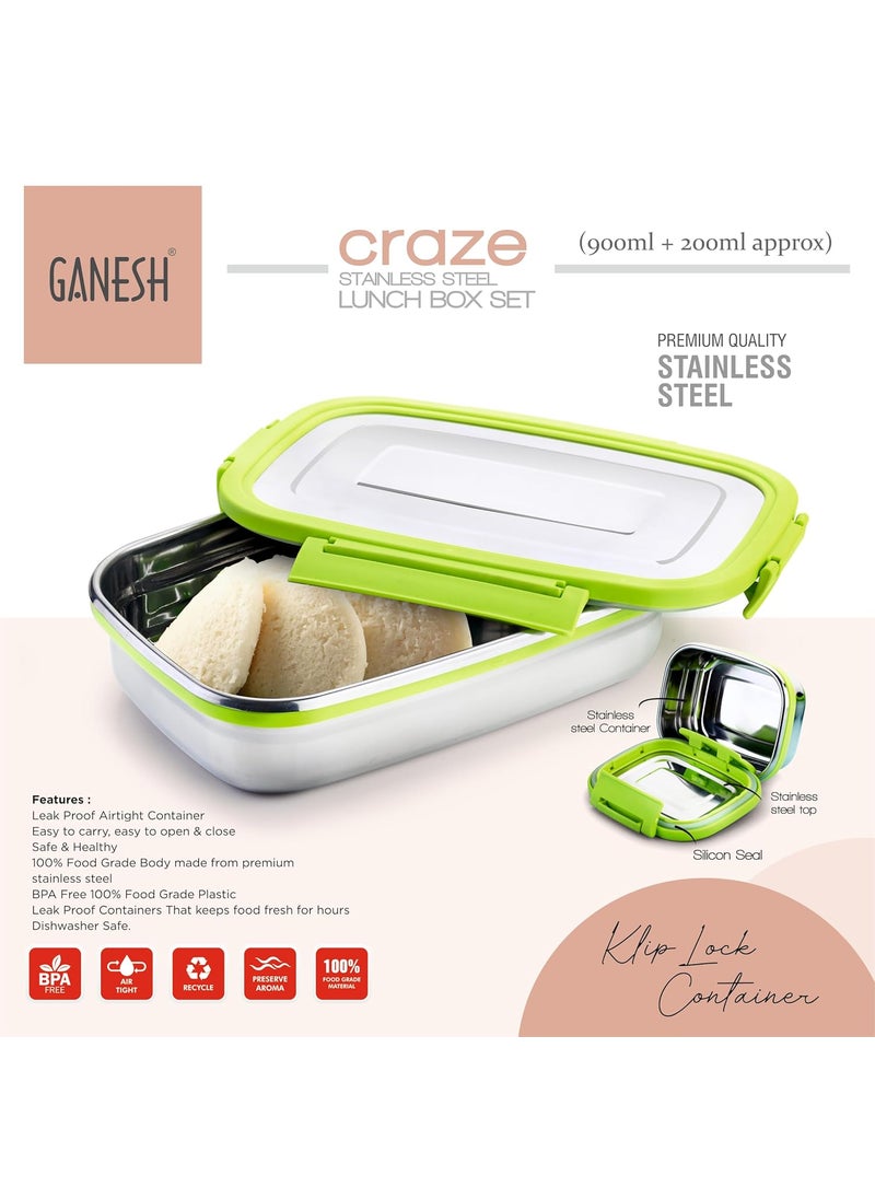 Ganesh Craze Stainless Steel Tiffin Lunch Box Container 4 Side Clip Lock Lid for Office & School Use/Food Grade/Air Tight-900ML