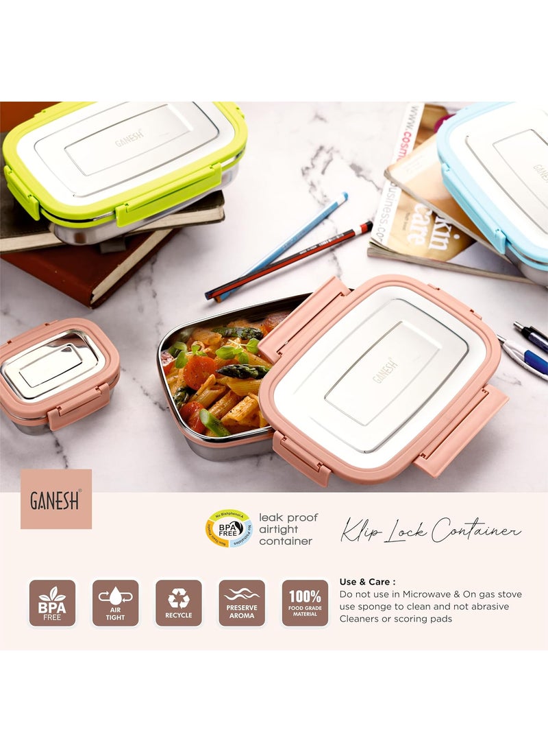 Ganesh Craze Stainless Steel Tiffin Lunch Box Container 4 Side Clip Lock Lid for Office & School Use/Food Grade/Air Tight-900ML