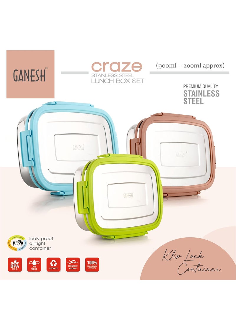 Ganesh Craze Stainless Steel Tiffin Lunch Box Container 4 Side Clip Lock Lid for Office & School Use/Food Grade/Air Tight-900ML