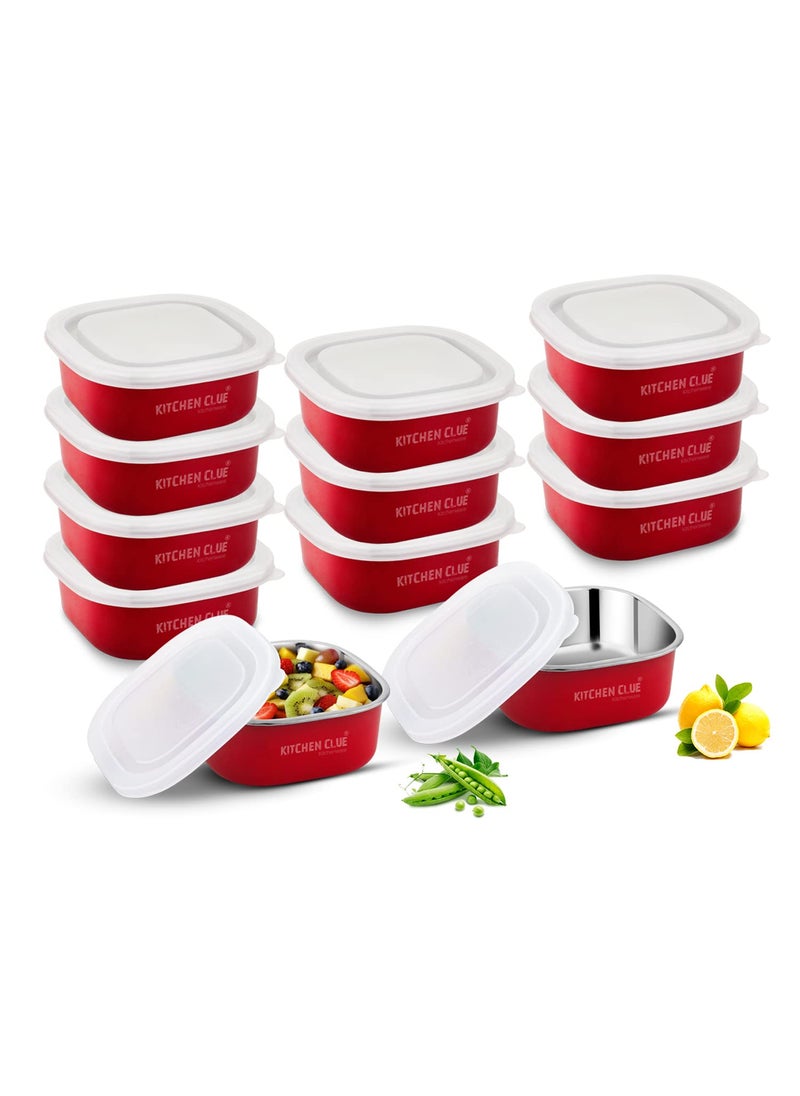 KITCHEN CLUE Stainless Steel Airtight & Leak-Proof Microwave Safe Lunch Box & Containers for Office School Kitchen I Set of 12 Pcs, 350 ML I Red I BPA Free Ideally Use for Kids & Adults