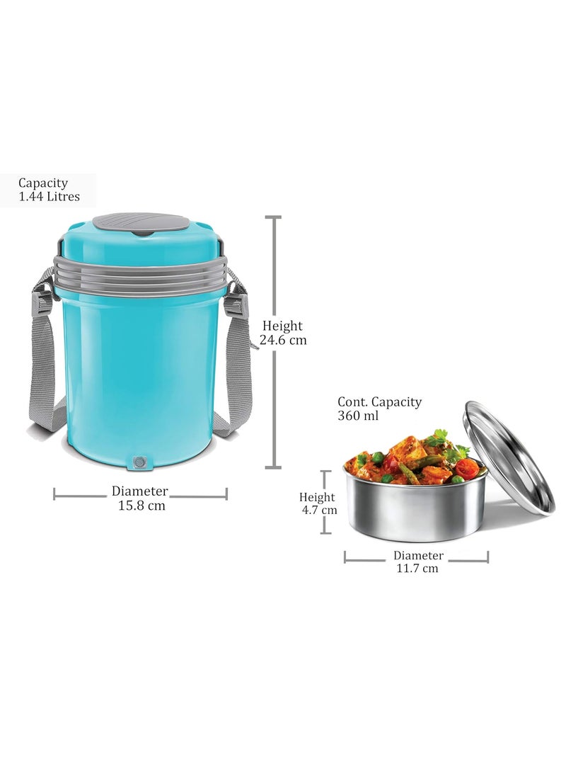 MILTON Electron Stainless Steel Tiffin Box Set, 360ml/158mm, Set of 4, Blue