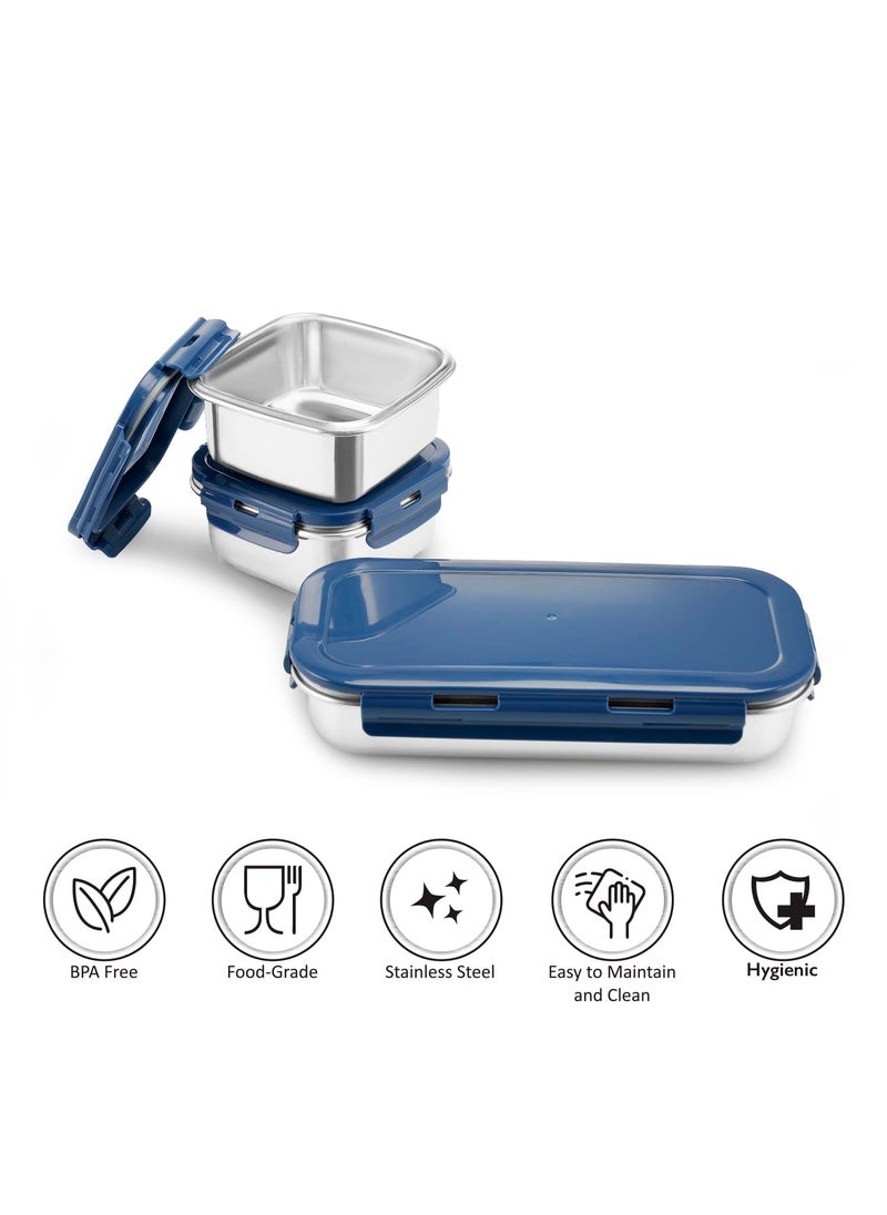 Nayasa Eco Duplex 3 Stainless Steel Lunch Box Set with Soft Insulated Bag | Leak Proof Tiffin for Office, School, College | Blue