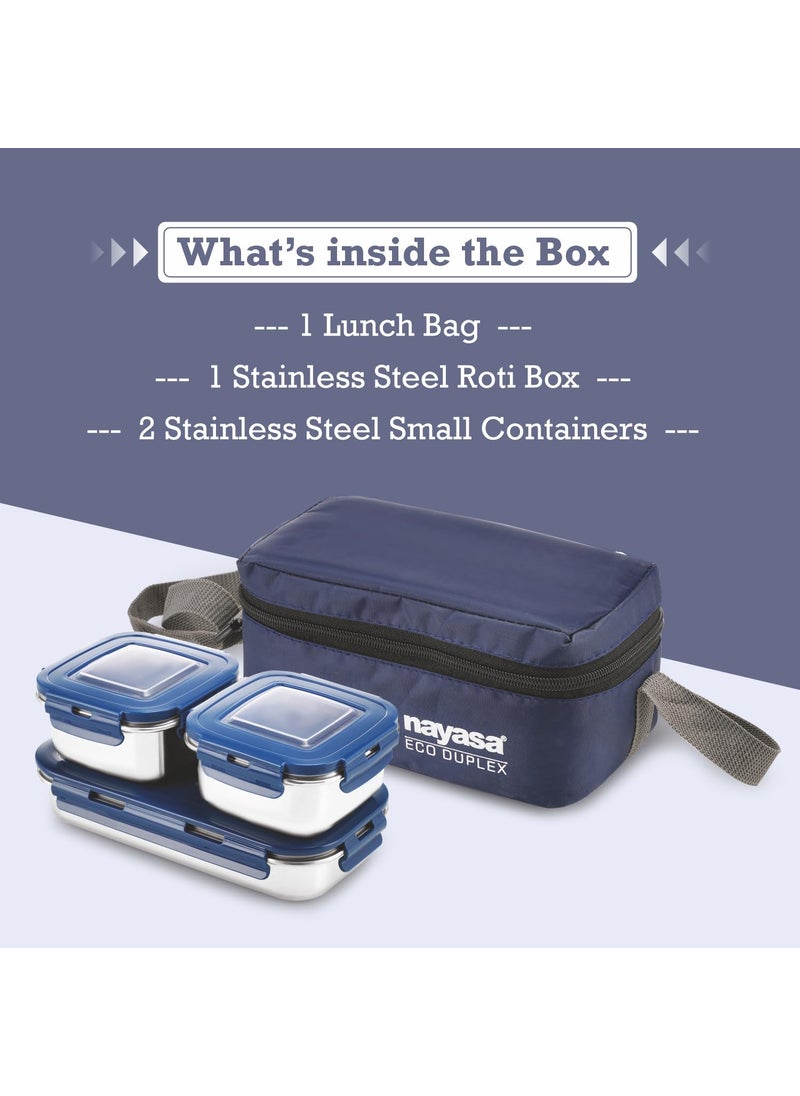 Nayasa Eco Duplex 3 Stainless Steel Lunch Box Set with Soft Insulated Bag | Leak Proof Tiffin for Office, School, College | Blue