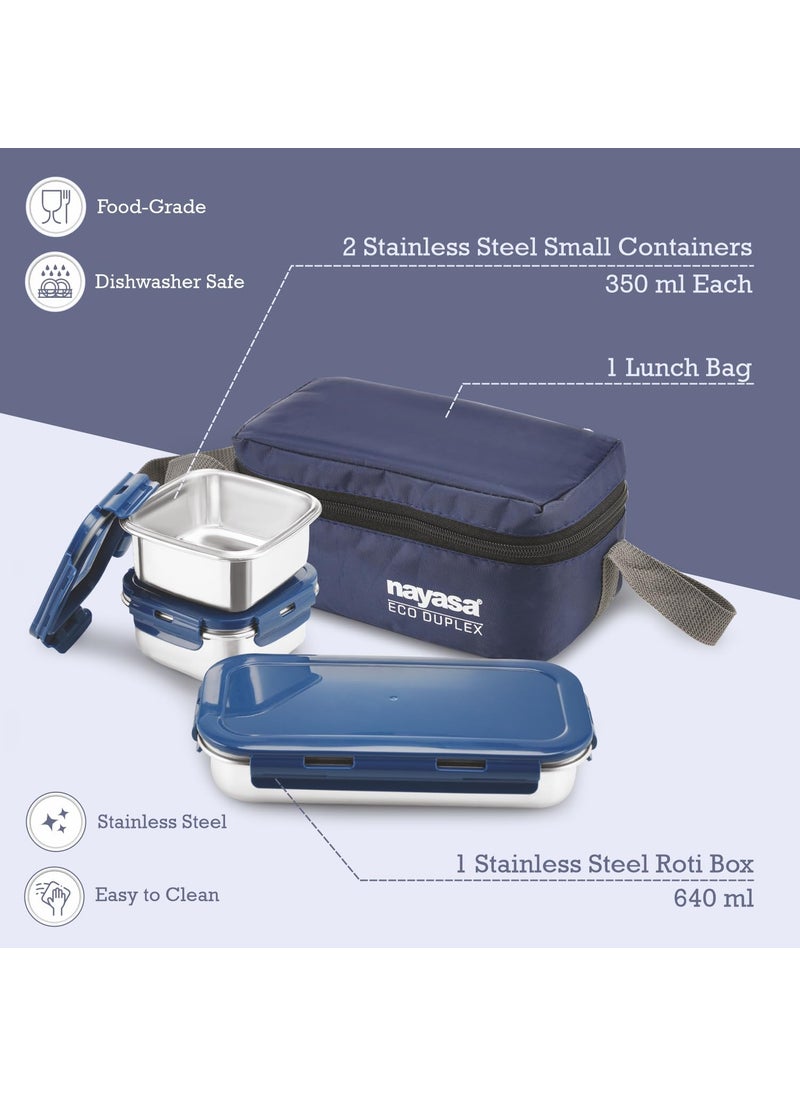 Nayasa Eco Duplex 3 Stainless Steel Lunch Box Set with Soft Insulated Bag | Leak Proof Tiffin for Office, School, College | Blue