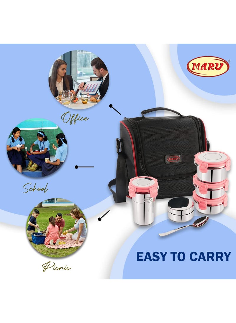 MARU Stainless Steel Lunch Box Set of 5 with Insulated Bag - 4 Multi-Container Compartments, 3 Big Container - 250ML *2 + 350ML, 1 Small Chutney Dabba & 1 Tumbler 400ml. Perfect for Kids & Adult