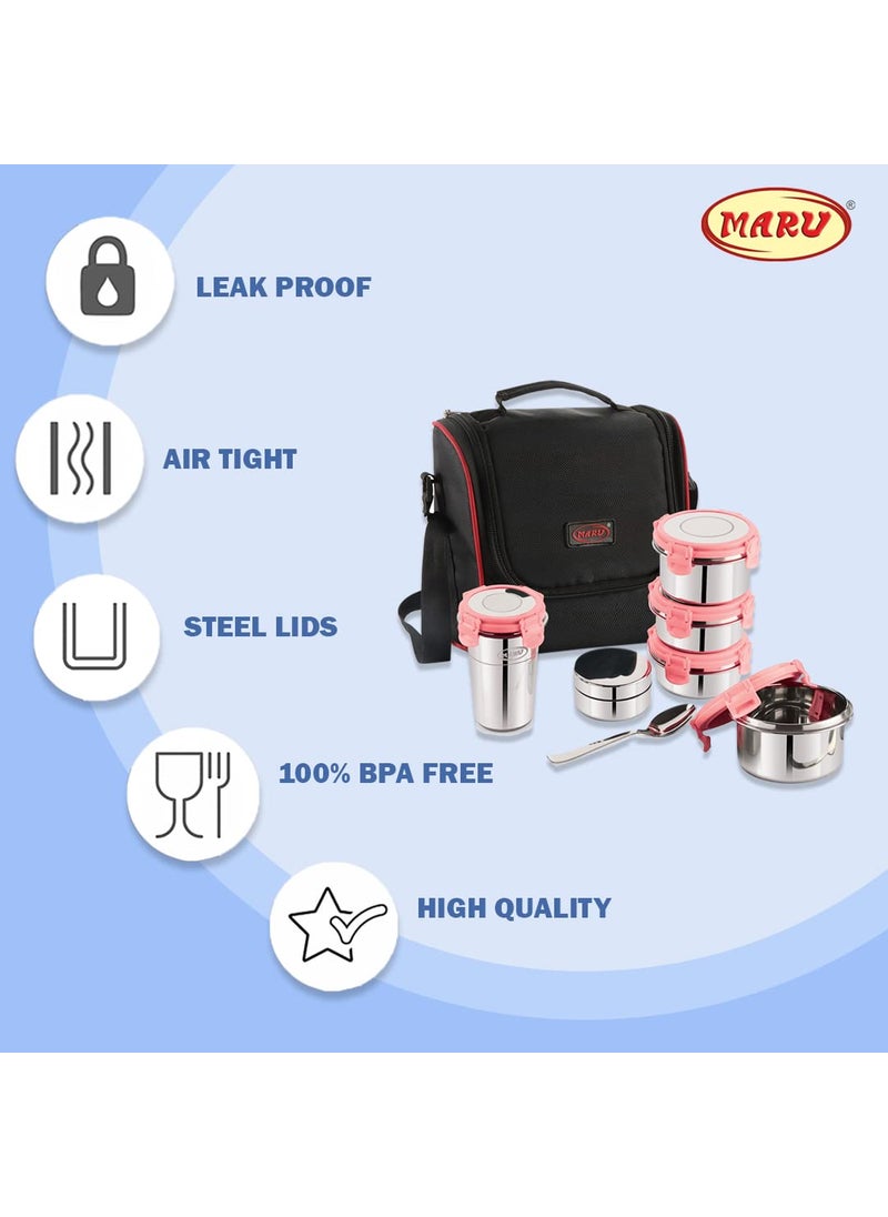 MARU Stainless Steel Lunch Box Set of 5 with Insulated Bag - 4 Multi-Container Compartments, 3 Big Container - 250ML *2 + 350ML, 1 Small Chutney Dabba & 1 Tumbler 400ml. Perfect for Kids & Adult