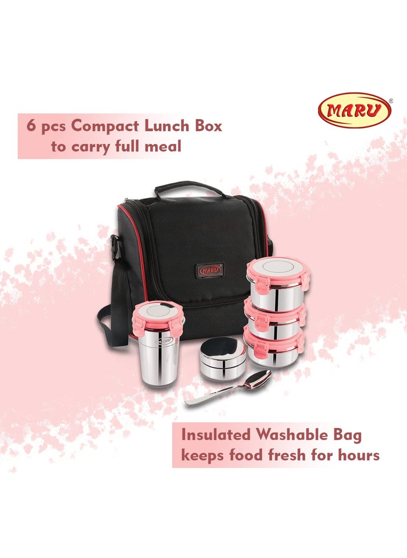 MARU Stainless Steel Lunch Box Set of 5 with Insulated Bag - 4 Multi-Container Compartments, 3 Big Container - 250ML *2 + 350ML, 1 Small Chutney Dabba & 1 Tumbler 400ml. Perfect for Kids & Adult