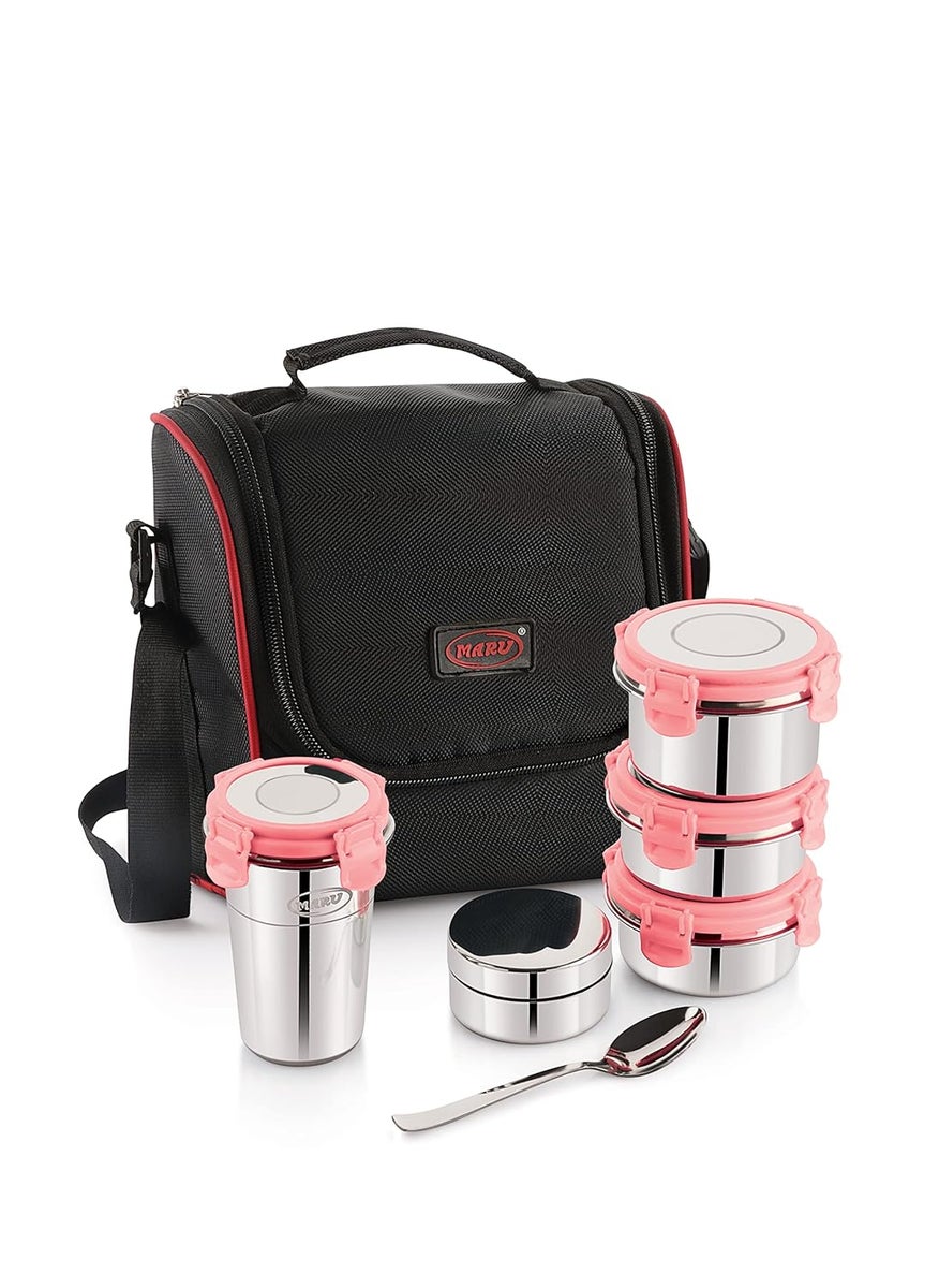 MARU Stainless Steel Lunch Box Set of 5 with Insulated Bag - 4 Multi-Container Compartments, 3 Big Container - 250ML *2 + 350ML, 1 Small Chutney Dabba & 1 Tumbler 400ml. Perfect for Kids & Adult