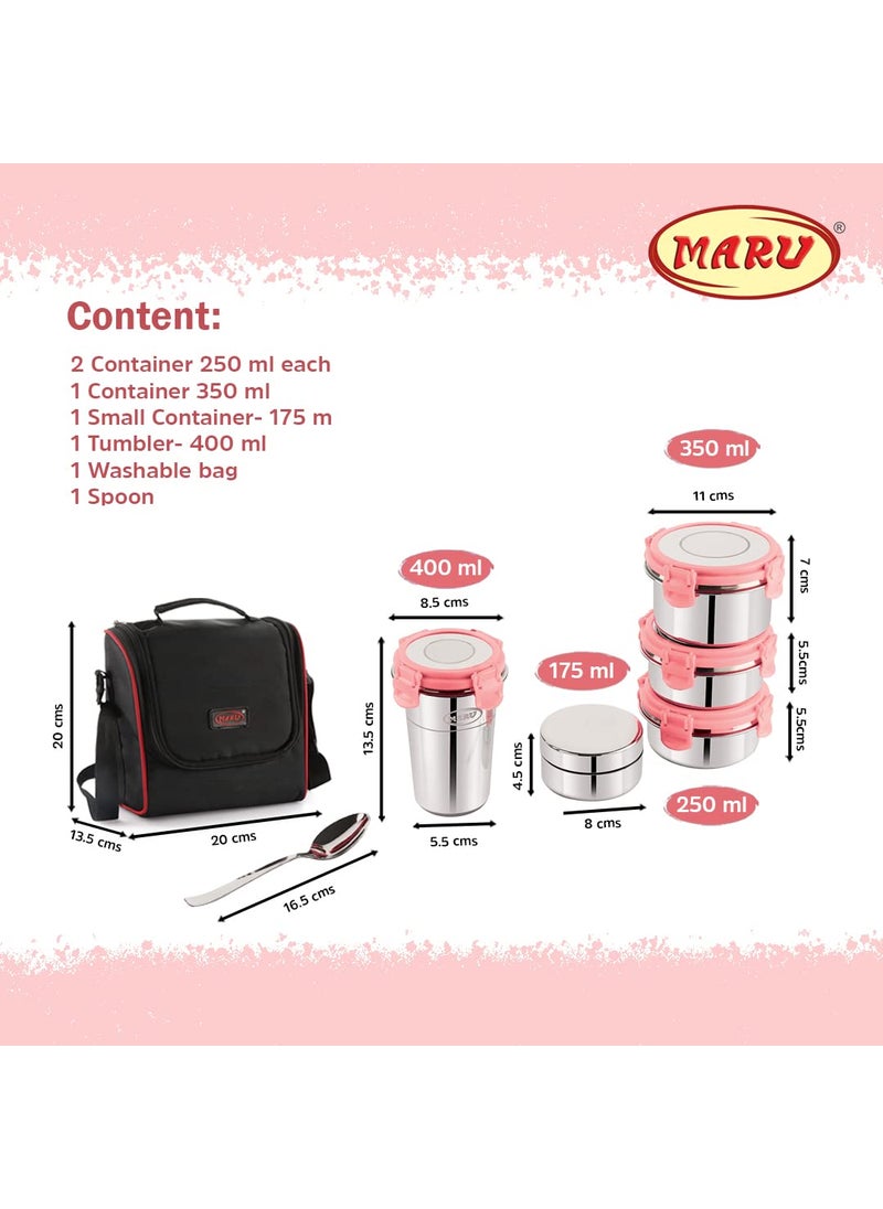 MARU Stainless Steel Lunch Box Set of 5 with Insulated Bag - 4 Multi-Container Compartments, 3 Big Container - 250ML *2 + 350ML, 1 Small Chutney Dabba & 1 Tumbler 400ml. Perfect for Kids & Adult