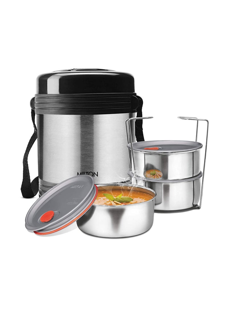 MILTON Legend Deluxe 3 Stainless Steel Containers with Steam Vent 200 ml Each, Hot & Cold Leak-Proof Insulated Lunch Box for Office, College, Picnic, Silver