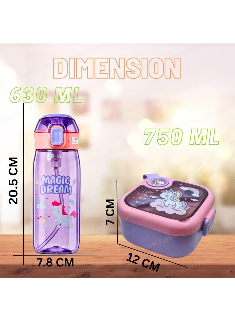FunBlast Unicorn Theme Lunch Box and Water Bottle for School KidsSS304 750 ML Lunch Box with BPA Free 630 ML Water Bottle, Kids Airtight Lunch Box and Anti-Leakproof Water Bottle (Multicolor) Plastic