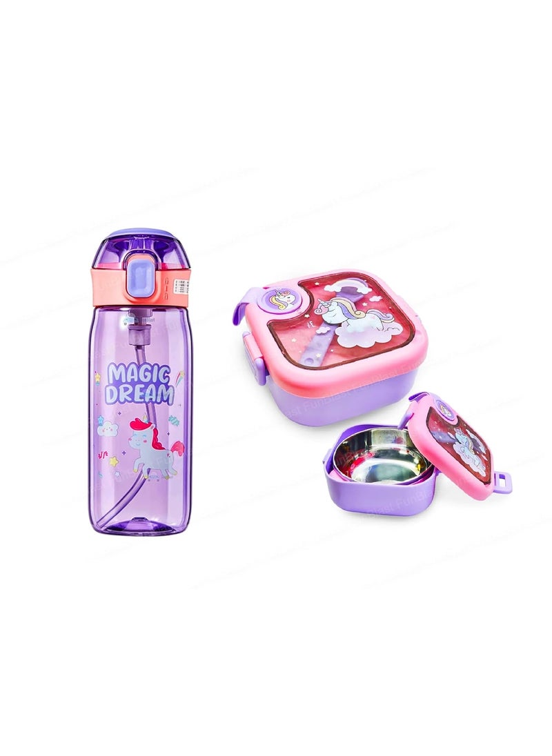 FunBlast Unicorn Theme Lunch Box and Water Bottle for School KidsSS304 750 ML Lunch Box with BPA Free 630 ML Water Bottle, Kids Airtight Lunch Box and Anti-Leakproof Water Bottle (Multicolor) Plastic
