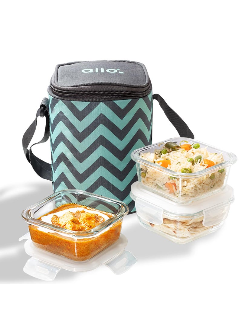 Allo Food Safe Borosilicate Glass Lunch Box, 450°C Microwave Safe Lunch Box, Borosilicate Borosilicate Glass Tiffin for Office with Chevron Mint Tiffin Bag, Set of 3, 320ml x 3, Square, Transparent