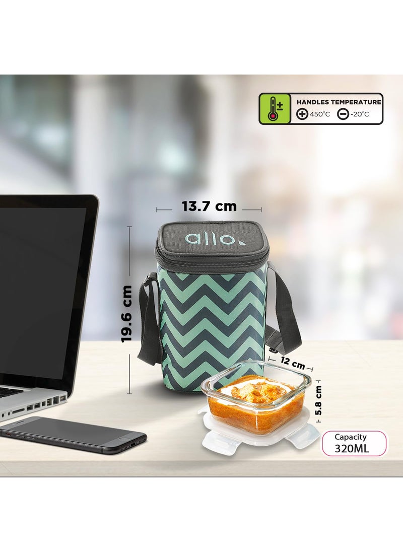 Allo Food Safe Borosilicate Glass Lunch Box, 450°C Microwave Safe Lunch Box, Borosilicate Borosilicate Glass Tiffin for Office with Chevron Mint Tiffin Bag, Set of 3, 320ml x 3, Square, Transparent