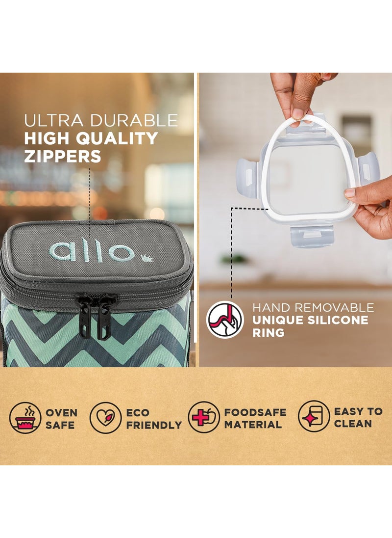 Allo Food Safe Borosilicate Glass Lunch Box, 450°C Microwave Safe Lunch Box, Borosilicate Borosilicate Glass Tiffin for Office with Chevron Mint Tiffin Bag, Set of 3, 320ml x 3, Square, Transparent