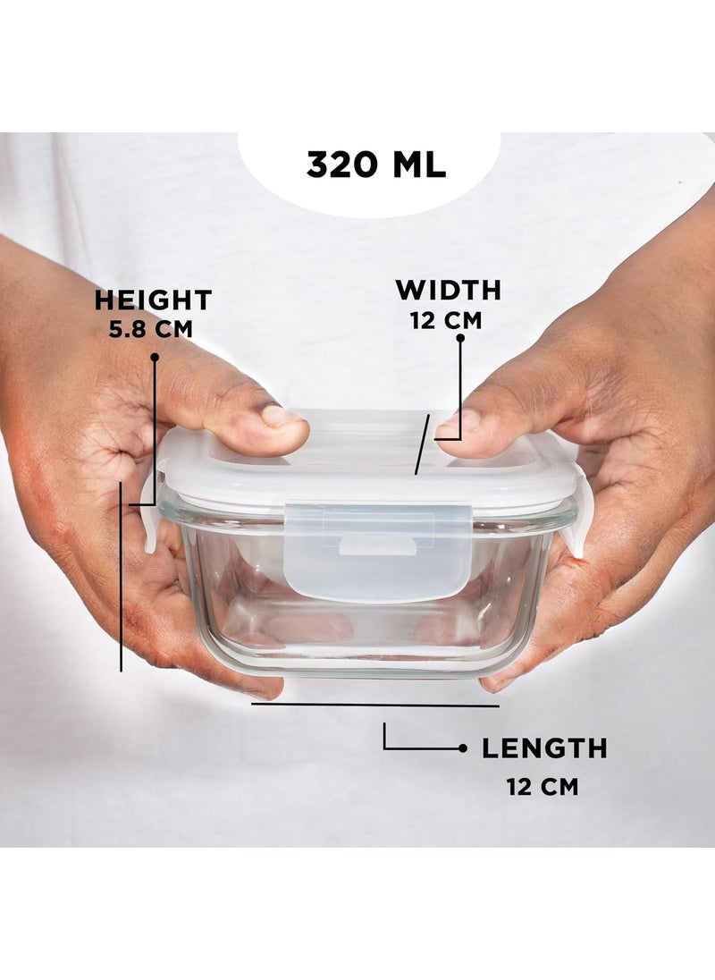 Allo Food Safe Borosilicate Glass Lunch Box, 450°C Microwave Safe Lunch Box, Borosilicate Borosilicate Glass Tiffin for Office with Chevron Mint Tiffin Bag, Set of 3, 320ml x 3, Square, Transparent