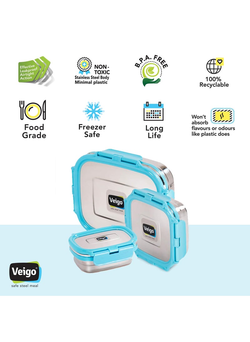 Veigo Lock N Steel 100% Air Tight 3 Pcs Celebration Gift Pack, Sky Blue, 1140 Milliliter