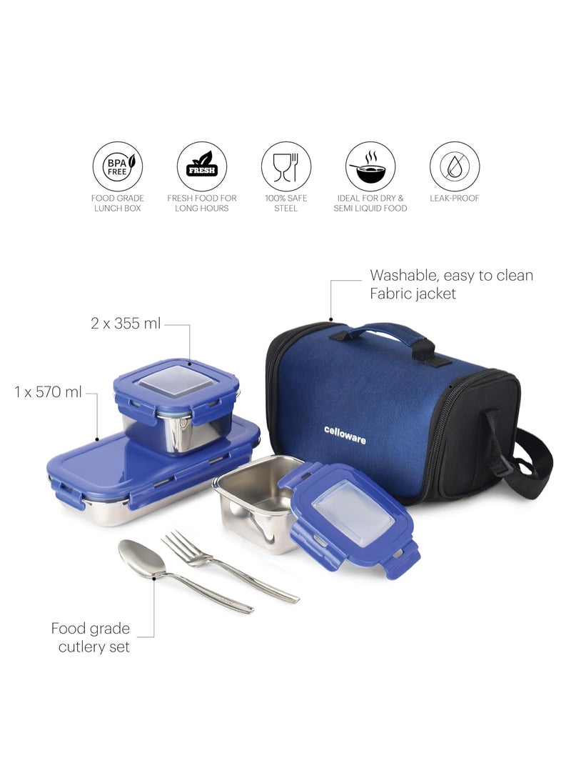 CELLO Swag Lunch Box with Inner Steel Set of 3 with Bag (Capacities - 355mlx 2 + 570ml x 1), Blue | Tiffin Box with Jacket | Leakproof | Easy to Carry | Ideal for Office, School, College