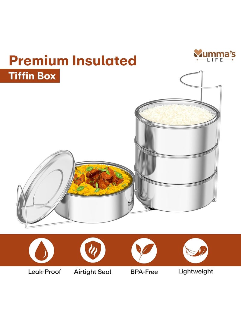 Mumma's LIFE Tiffin Box for Office | Stainless Steel Lunch Box Set with 4 Containers | Multipurpose Steel Lunch Box with Silver Finish