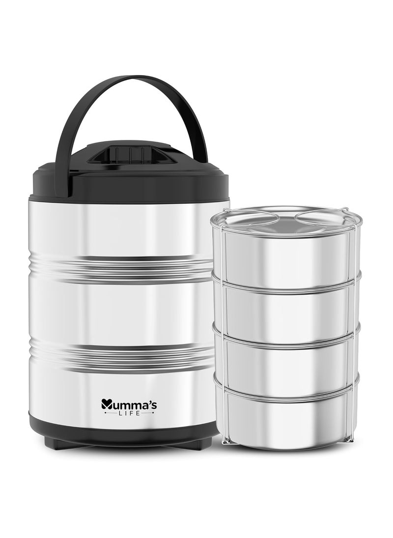 Mumma's LIFE Tiffin Box for Office | Stainless Steel Lunch Box Set with 4 Containers | Multipurpose Steel Lunch Box with Silver Finish
